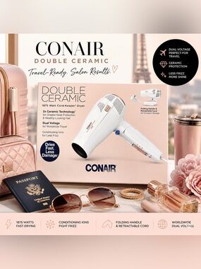 Conair Double Ceramic 1875W Hair Dryer Cord-Keeper Folding Travel Blow Dryer NEW